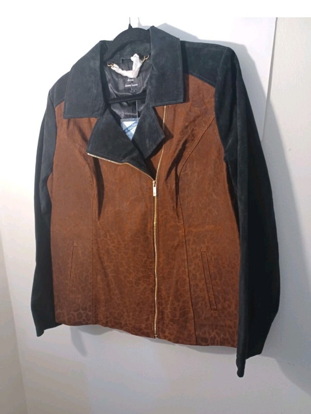 Dennis By Dennis Basso Leather Leopard Print Moto Jacket New Size Large